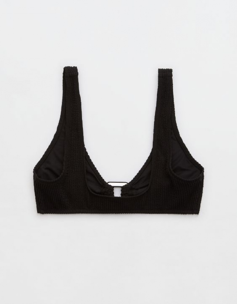 Aerie Crinkle Wide Strap Scoop Bikini Top Black | 4231ZIAQD