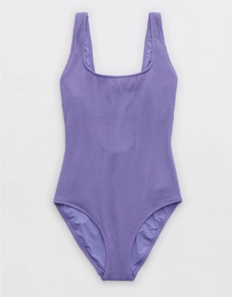 Aerie Crinkle Wide Strap Scoop One Piece Swimsuits Purple | 0182VSUBF