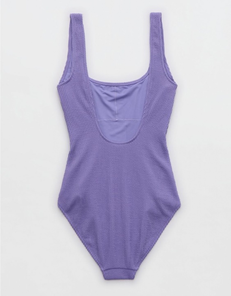 Aerie Crinkle Wide Strap Scoop One Piece Swimsuits Purple | 0182VSUBF