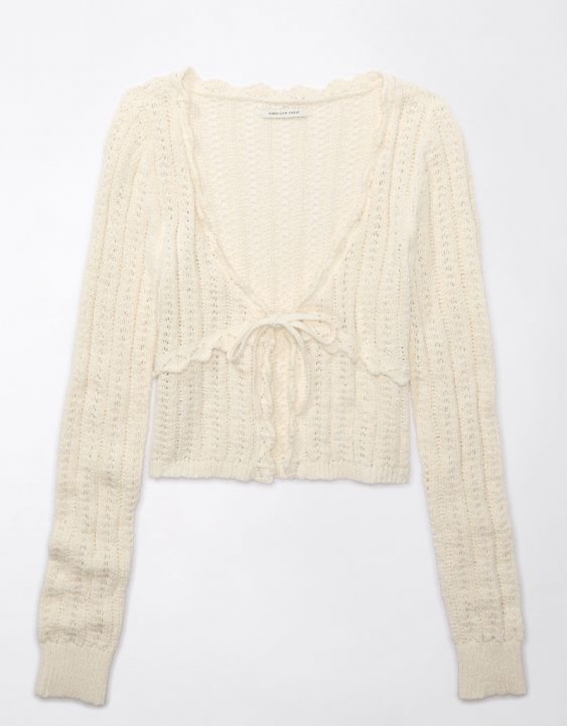 Aerie Crochet Tie-Front Cardigan Cream | 6350SDOPH