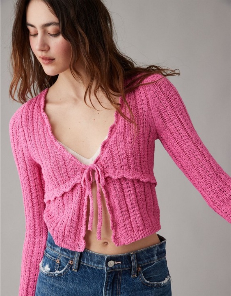 Aerie Crochet Tie-Front Cardigan Pink | 2609HLOEG