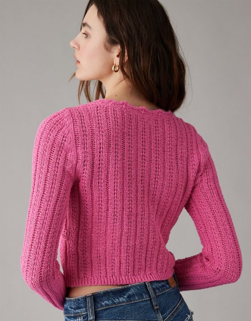 Aerie Crochet Tie-Front Cardigan Pink | 2609HLOEG