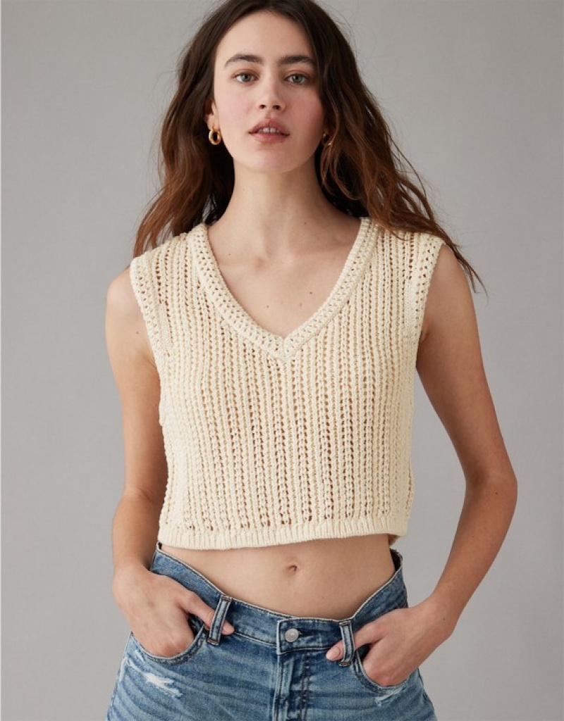 Aerie Crochet Vest Cardigan Cream | 3045EYRLU