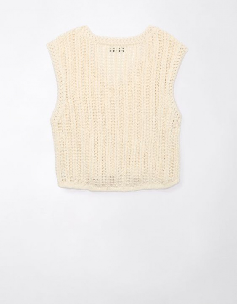 Aerie Crochet Vest Cardigan Cream | 3045EYRLU