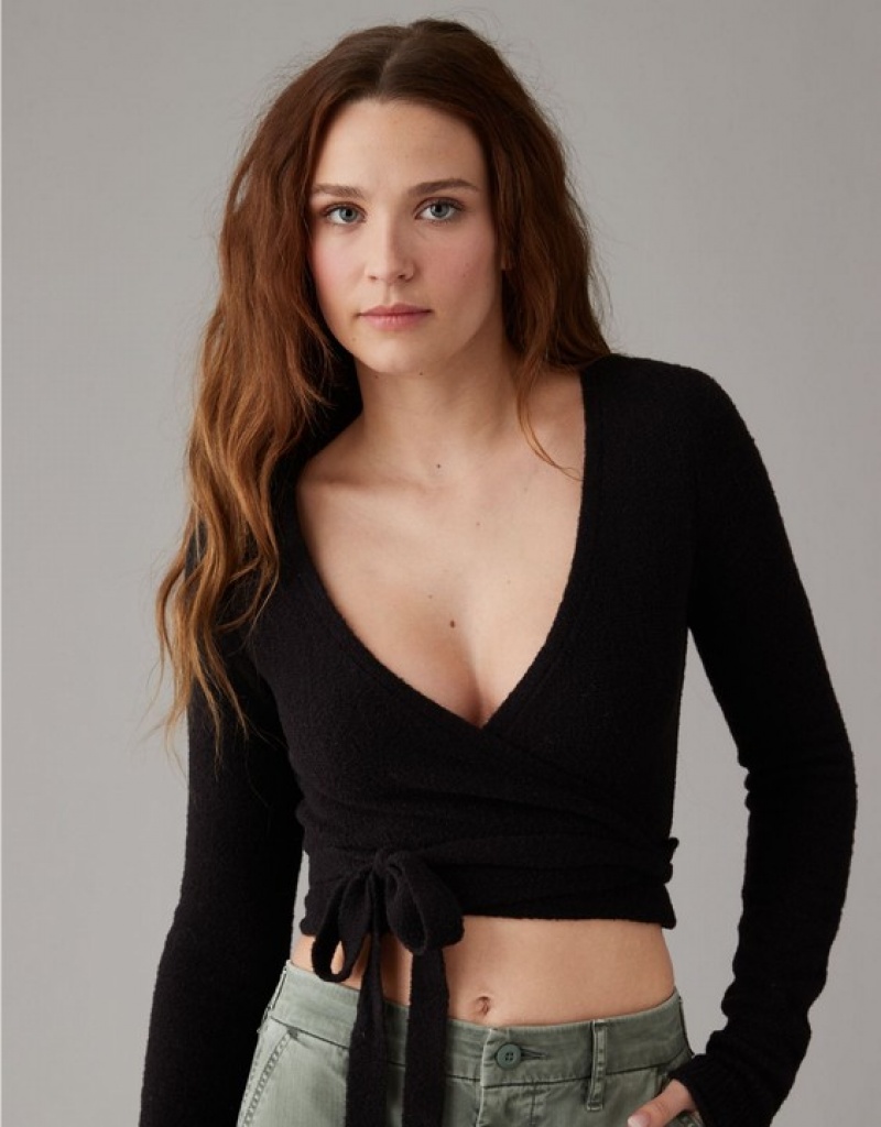 Aerie Cropped Ballet Wrap Cardigan Black | 8156KRHGJ