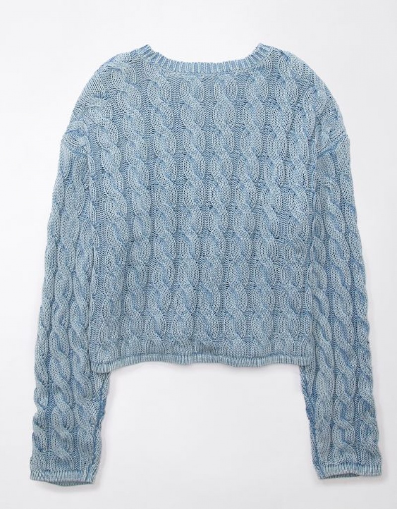 Aerie Cropped Cable-Knit Sweater Blue | 7842RPDLE