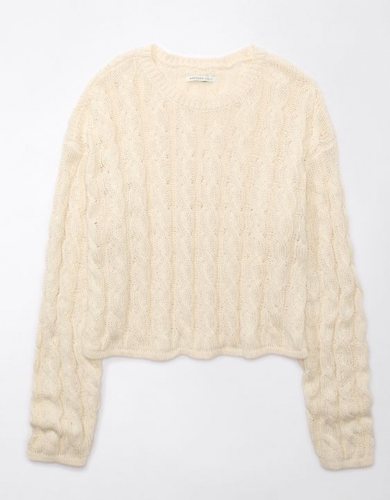 Aerie Cropped Cable-Knit Sweater Cream | 2415XWGYQ