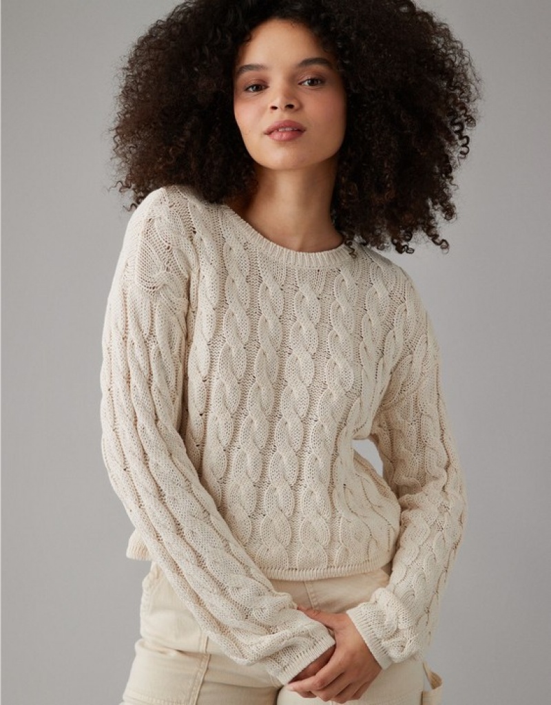 Aerie Cropped Cable-Knit Sweater Cream | 2415XWGYQ