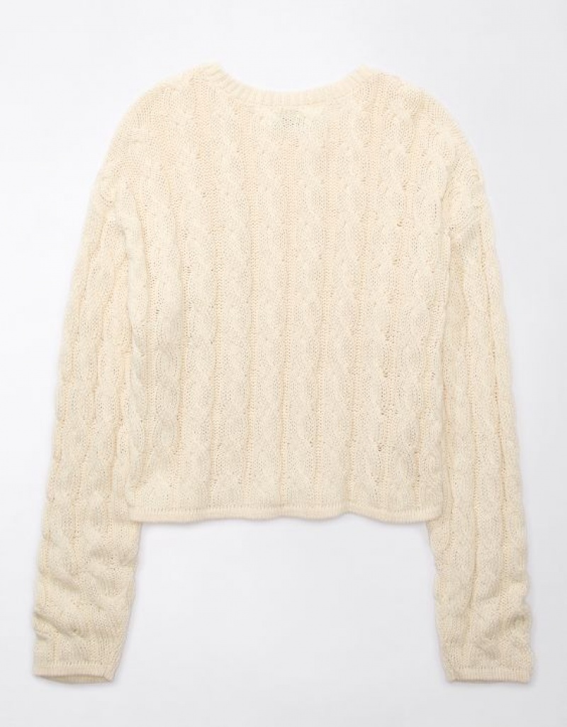 Aerie Cropped Cable-Knit Sweater Cream | 2415XWGYQ