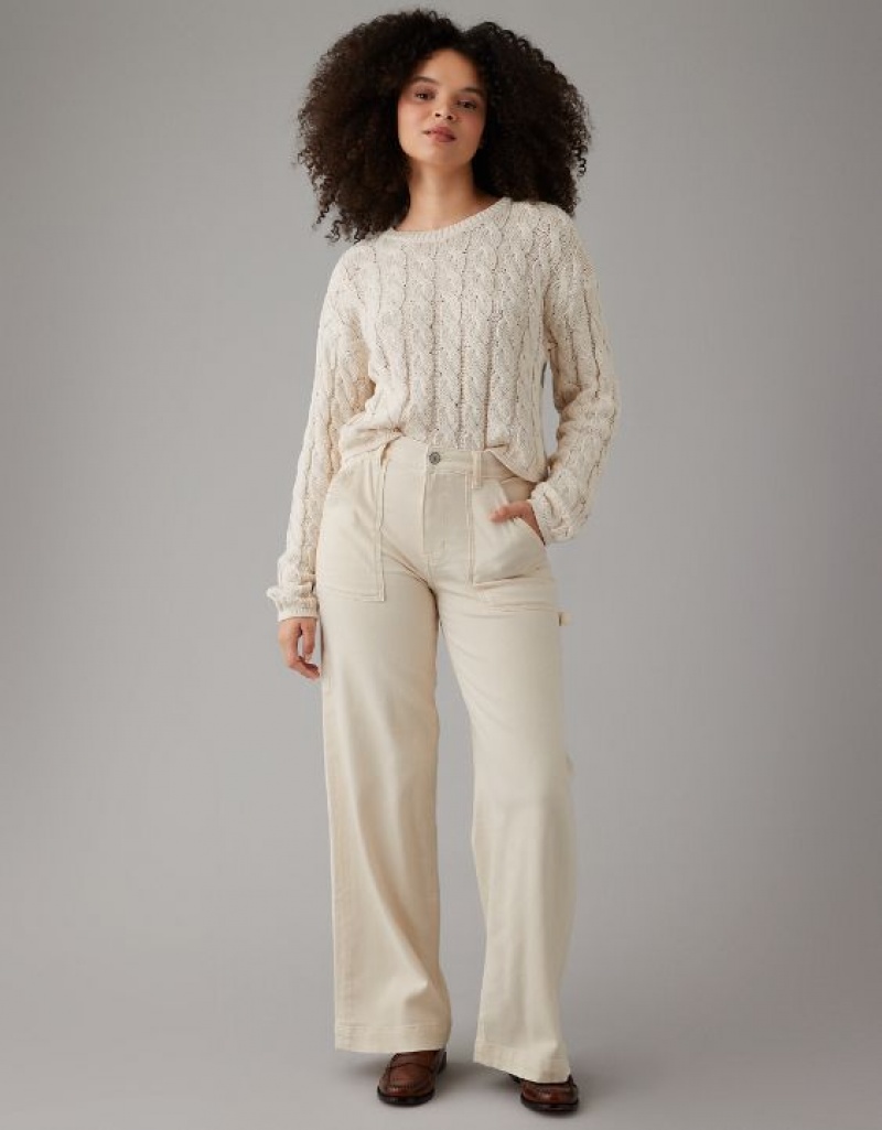 Aerie Cropped Cable-Knit Sweater Cream | 2415XWGYQ