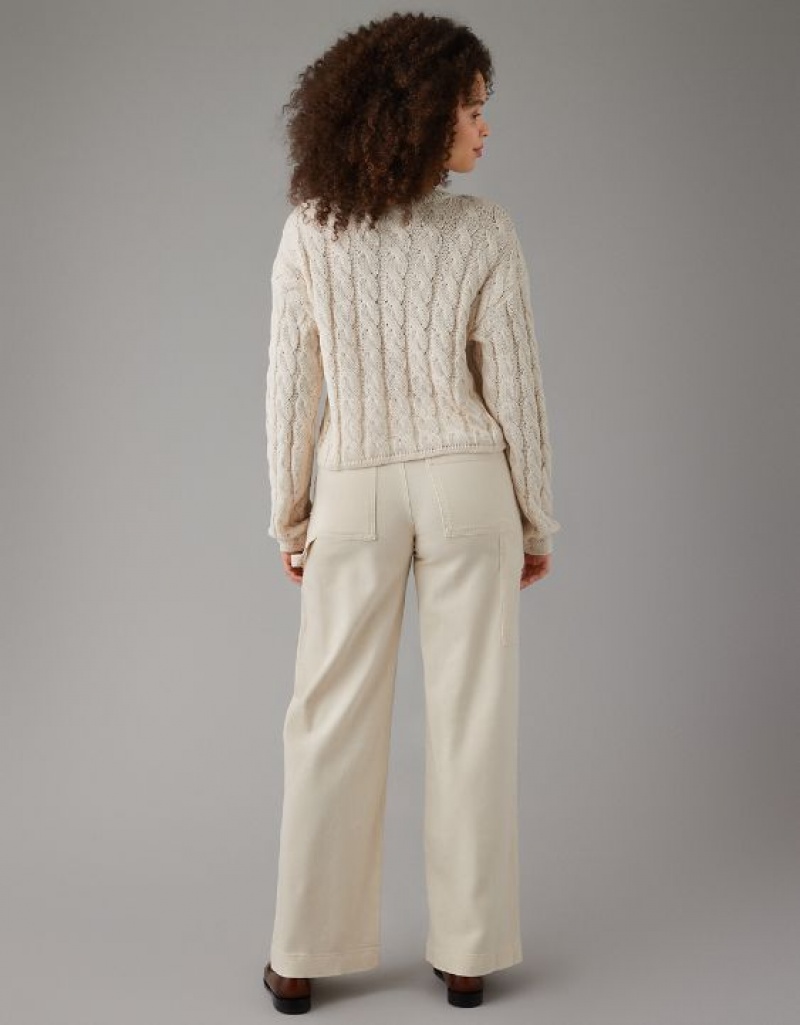 Aerie Cropped Cable-Knit Sweater Cream | 2415XWGYQ