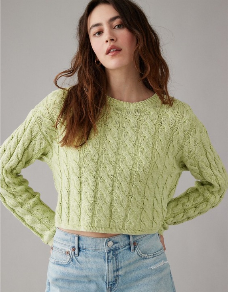 Aerie Cropped Cable-Knit Sweater Green | 3084URBPI