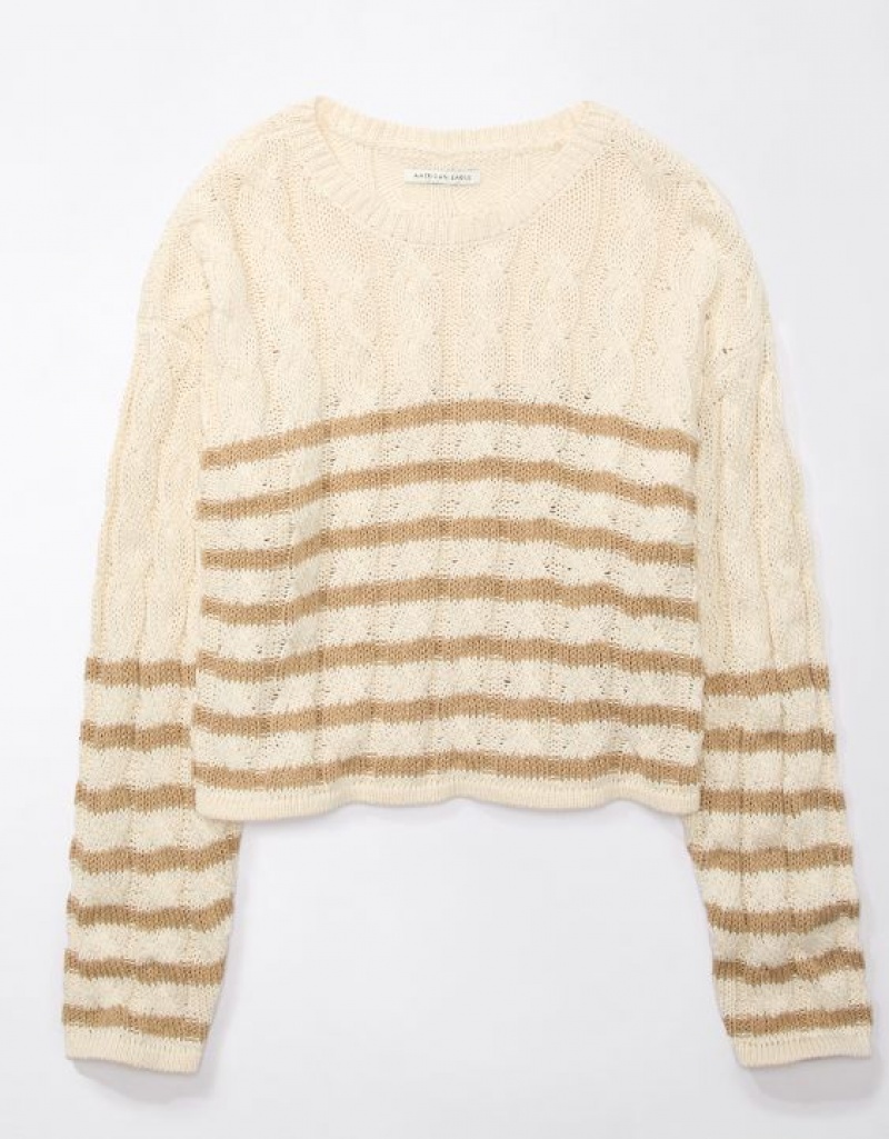 Aerie Cropped Cable-Knit Sweater Khaki | 3504MLZFA