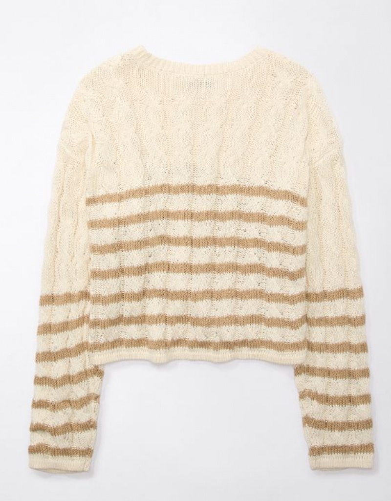 Aerie Cropped Cable-Knit Sweater Khaki | 3504MLZFA