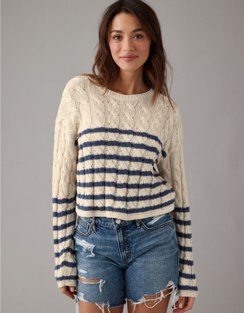 Aerie Cropped Cable-Knit Sweater Navy | 5387IUPQK