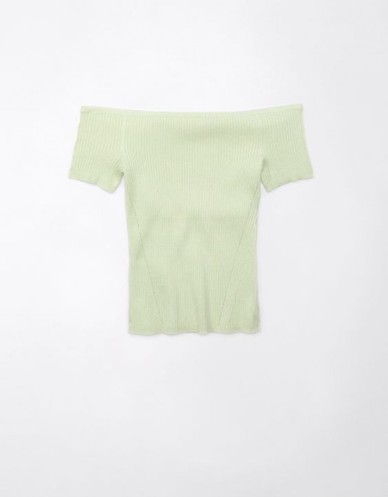 Aerie Cropped Ribbed Off-The-Shoulder Top Cardigan Green | 4397XVFDJ