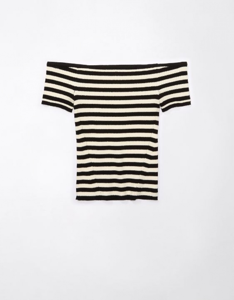 Aerie Cropped Ribbed Off-The-Shoulder Top Cardigan Black / Stripes | 3704EPBKG