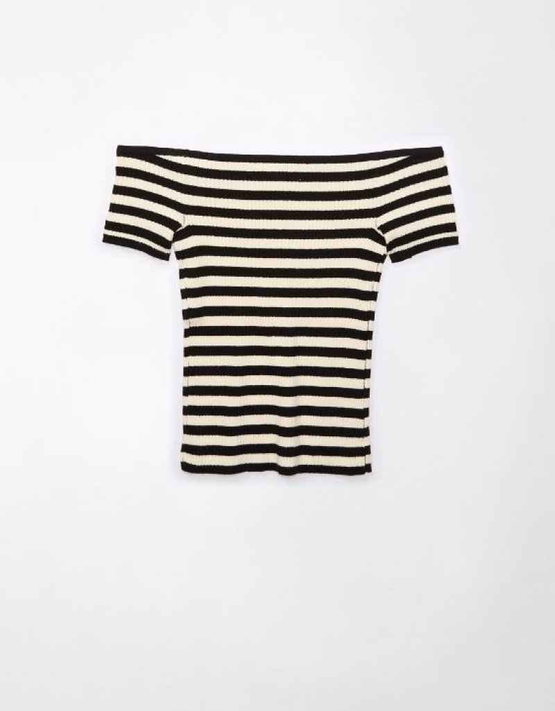 Aerie Cropped Ribbed Off-The-Shoulder Top Cardigan Black / Stripes | 3704EPBKG