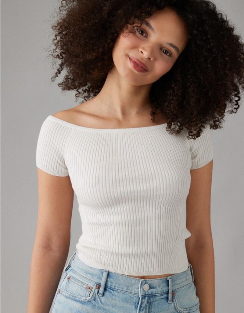 Aerie Cropped Ribbed Off-The-Shoulder Top Cardigan White | 1245RPOTX