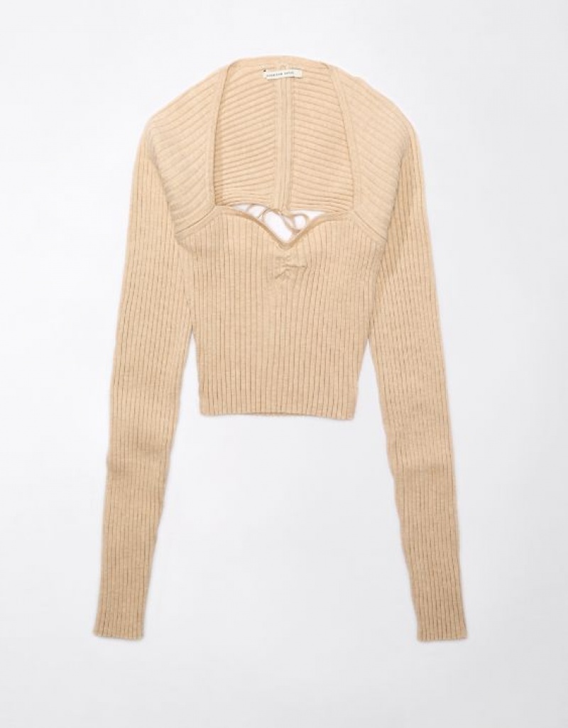 Aerie Cropped Ruched Sweater Beige | 0683ZPXOG