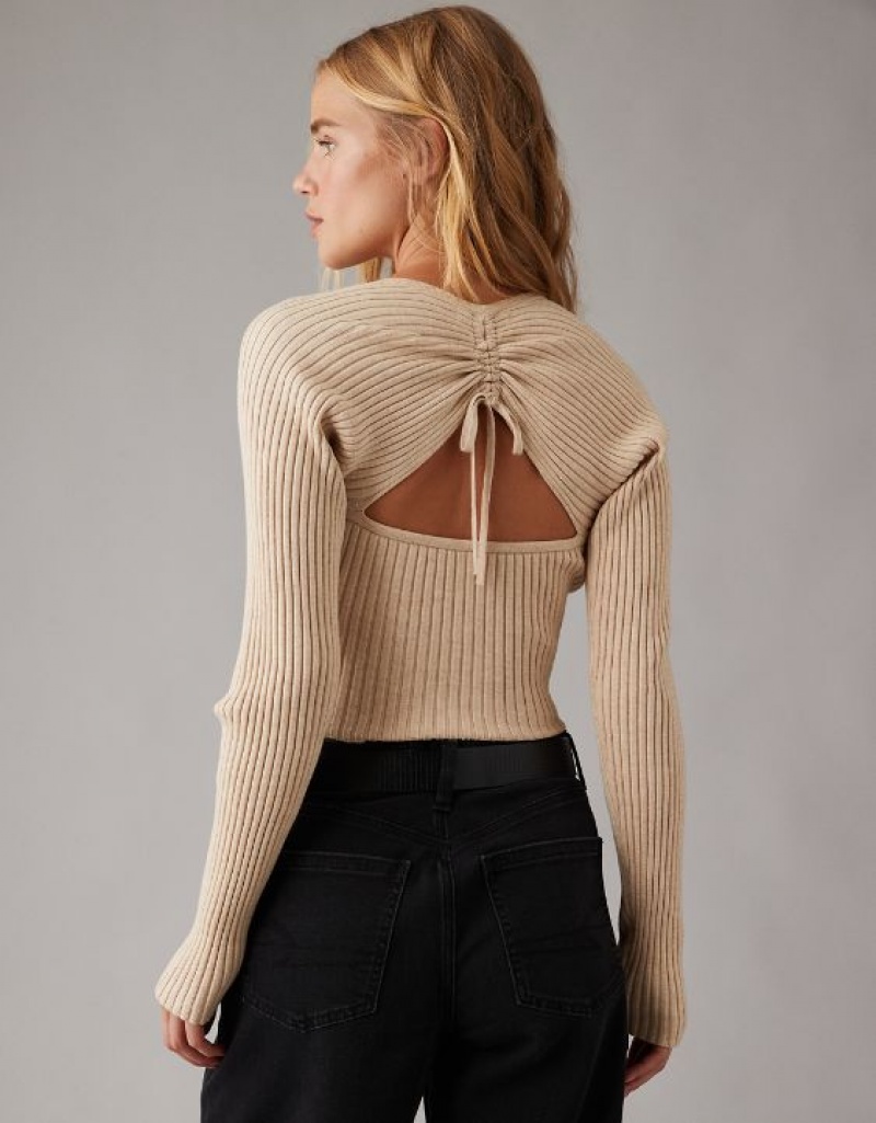 Aerie Cropped Ruched Sweater Beige | 0683ZPXOG