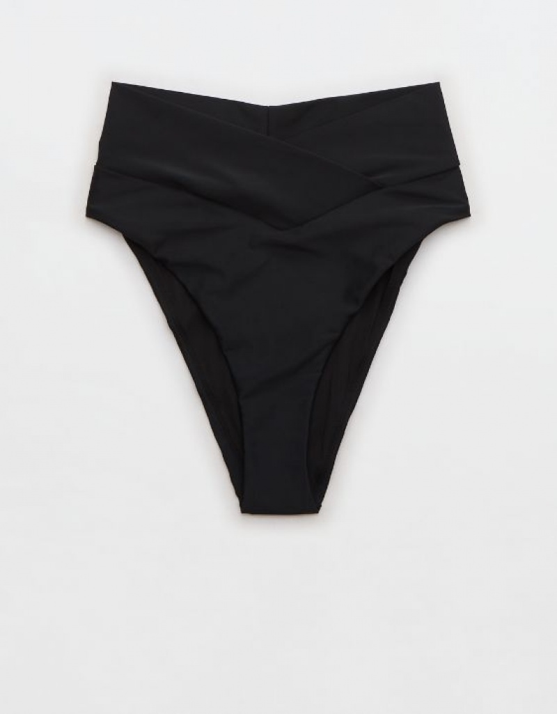 Aerie Crossover High Cut Cheeky Bikini Bottom Black | 5980UQDVF