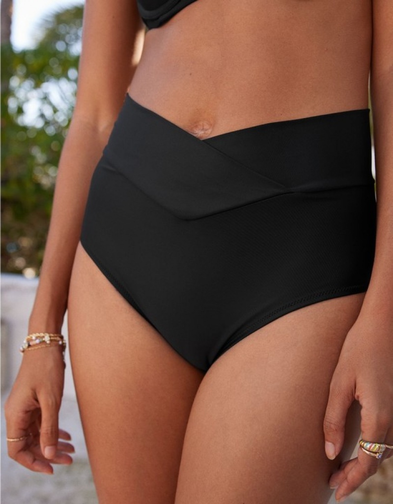 Aerie Crossover High Waisted Bikini Bottom Black | 5942TDSFP