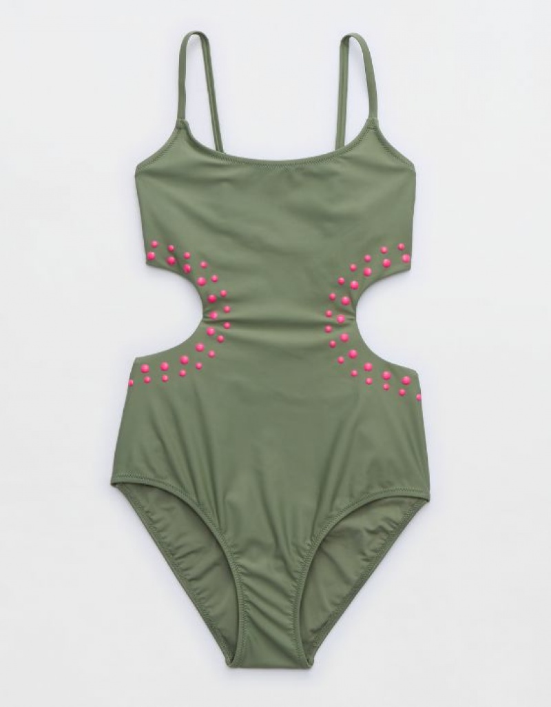 Aerie Cut Out One Piece Swimsuits Olive | 2306HQPEY