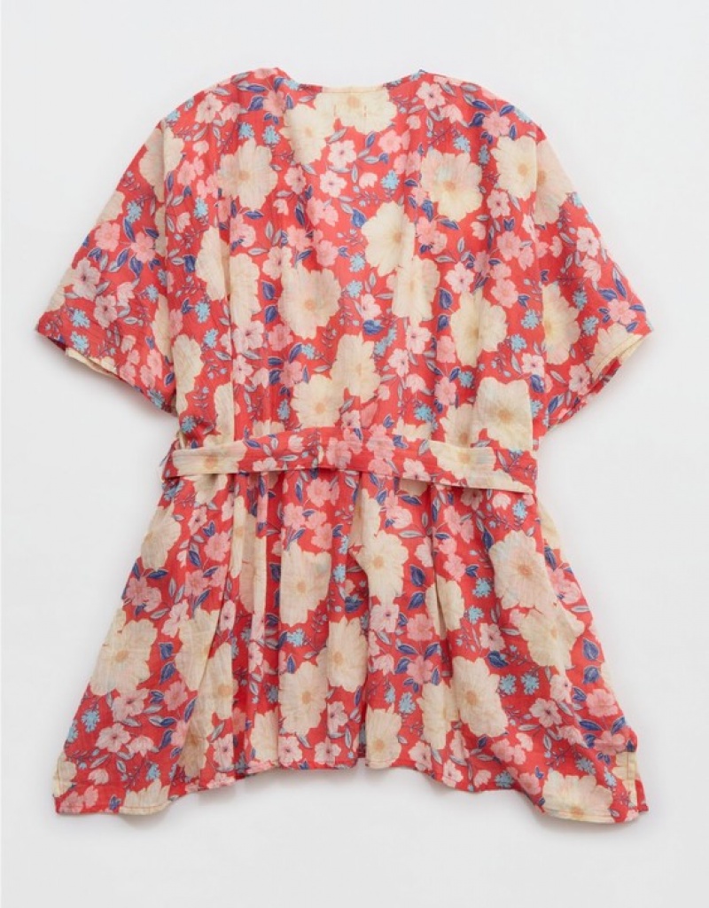 Aerie Floral Robe Dress Red | 4071TZIRX