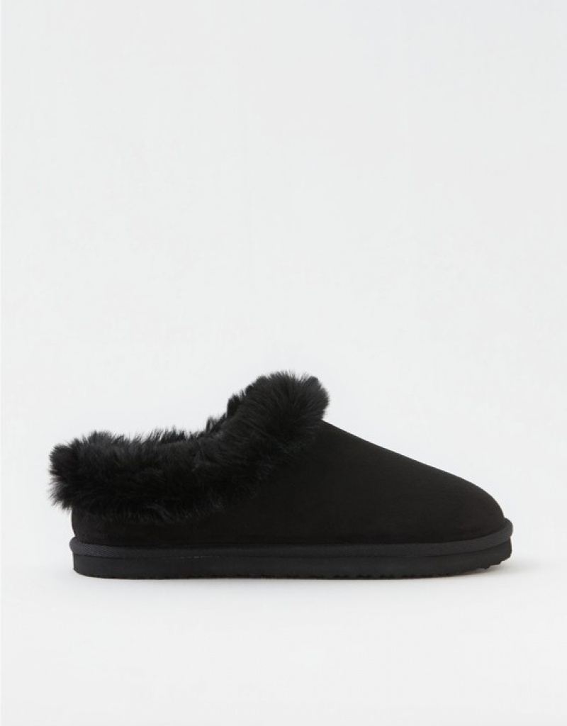 Aerie Fur Scruff Slippers Black | 1974MVXOY