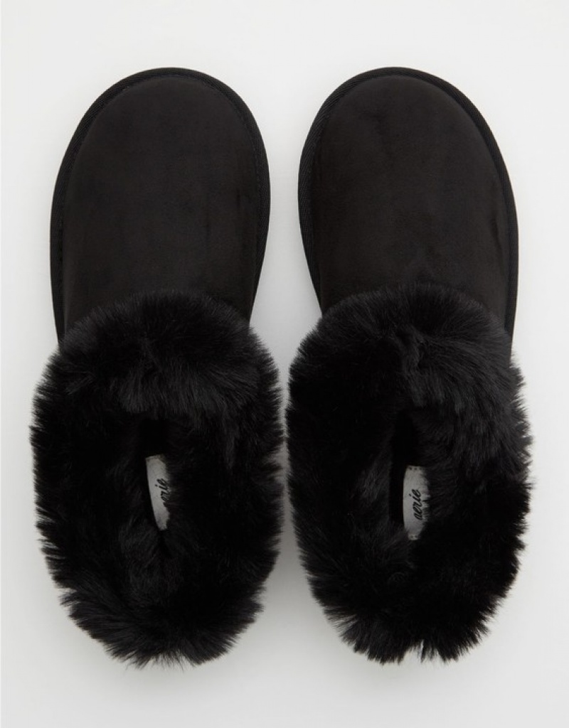 Aerie Fur Scruff Slippers Black | 1974MVXOY