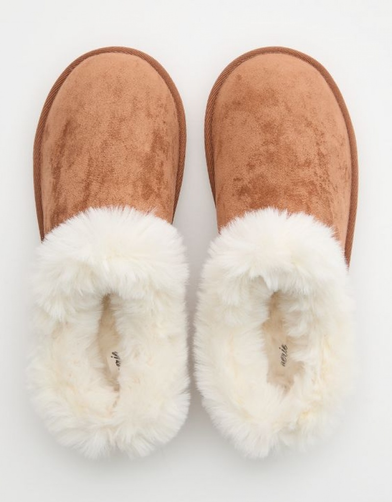 Aerie Fur Scruff Slippers Brown | 8576WVQAR