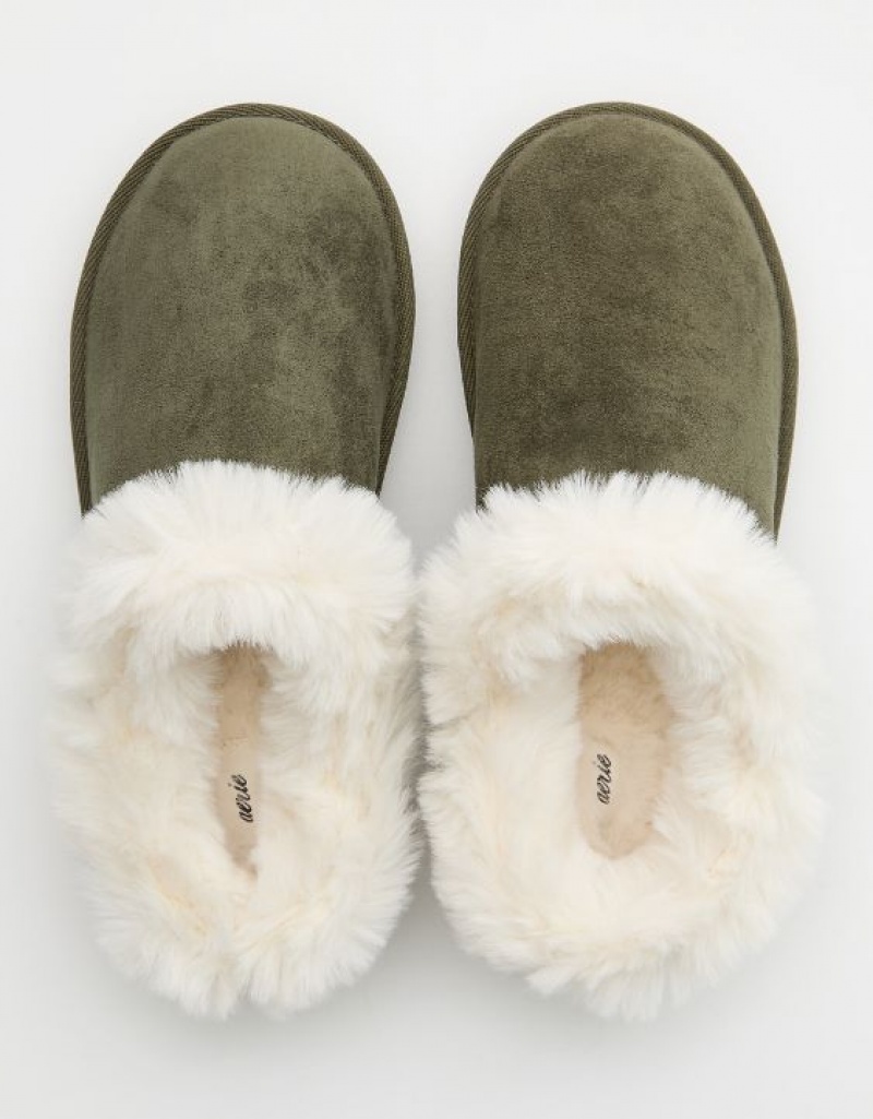 Aerie Fur Scruff Slippers Olive | 2805JQOLC