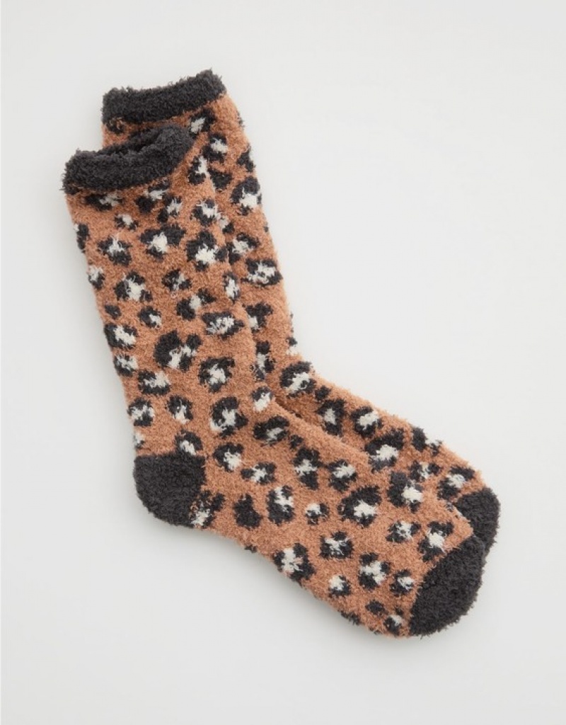 Aerie Fuzzy Crew Socks Brown | 5840TWDJZ