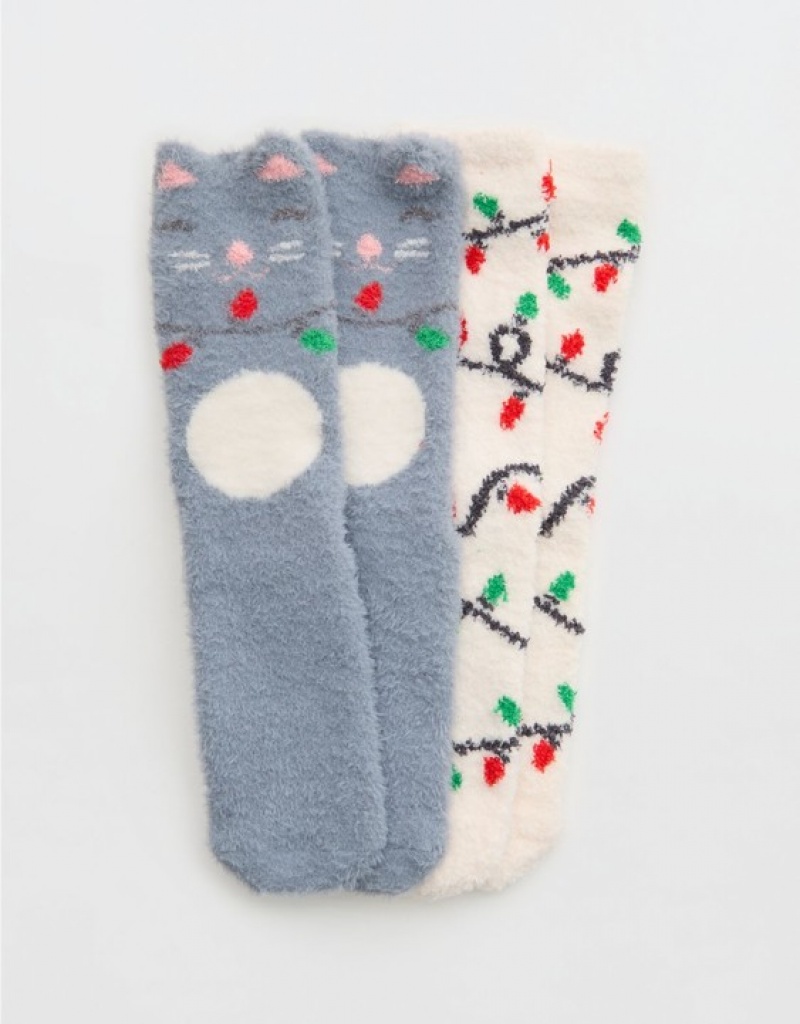 Aerie Fuzzy Holiday Crew 2-Pack Socks Silver / Grey | 1590KSTMO