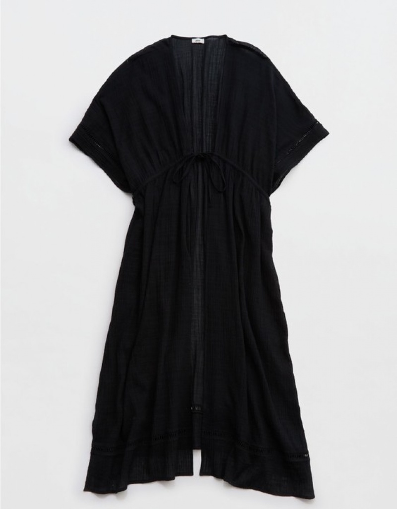 Aerie Gauze Maxi Tie Kimono Dress Black | 0593QKABD