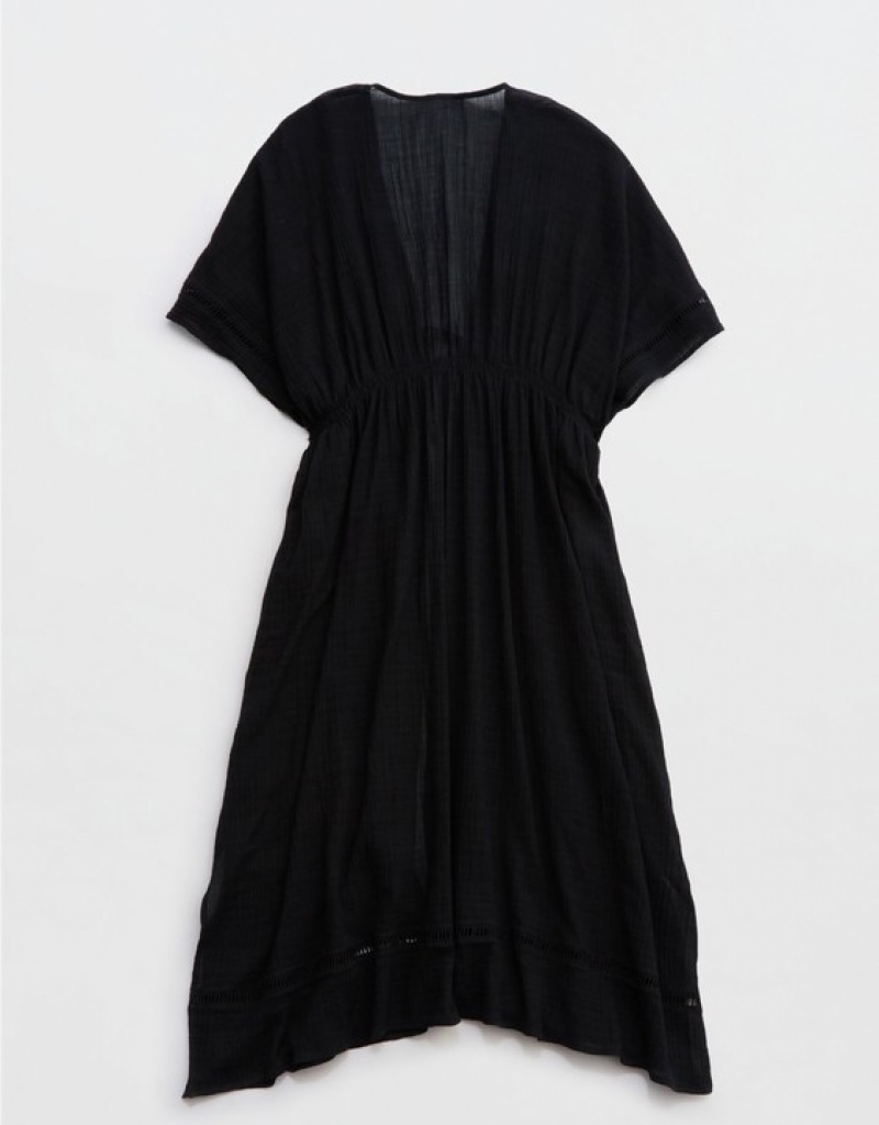 Aerie Gauze Maxi Tie Kimono Dress Black | 0593QKABD