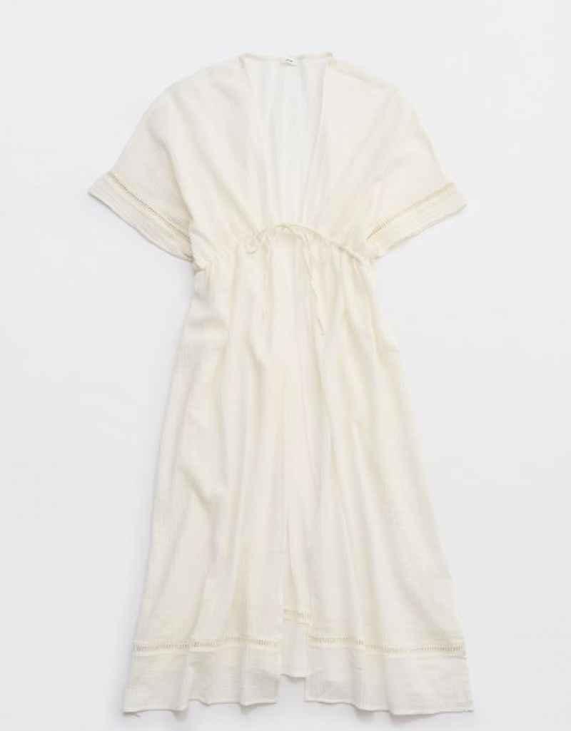 Aerie Gauze Maxi Tie Kimono Dress White | 7065QZGEX