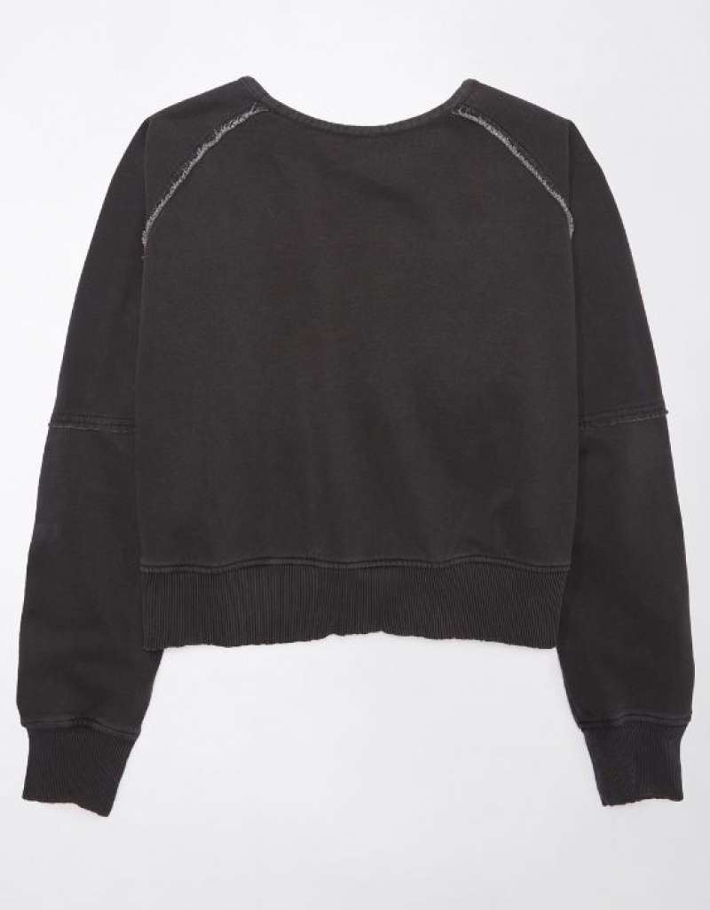 Aerie Long-Sleeve Cropped Twist-Back Sweatshirts Black | 3520RHUSC