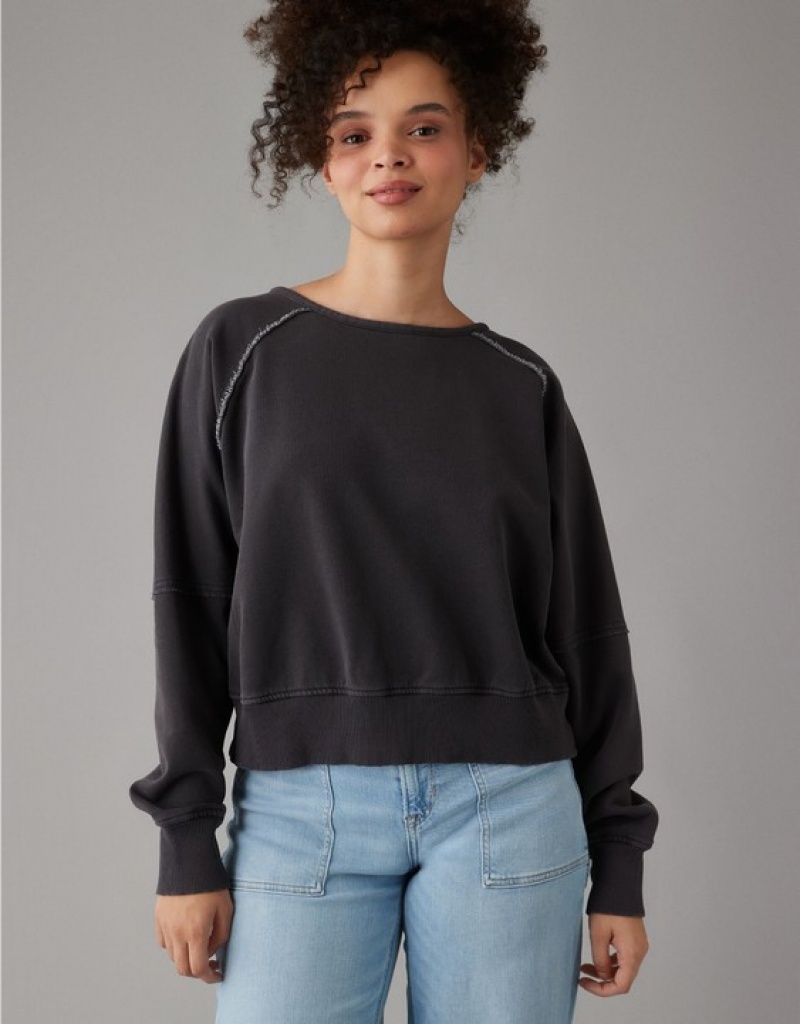 Aerie Long-Sleeve Cropped Twist-Back Sweatshirts Black | 3520RHUSC