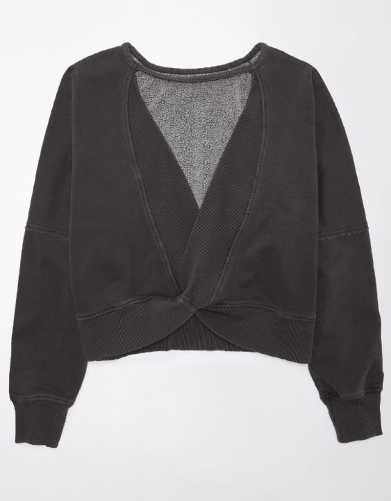 Aerie Long-Sleeve Cropped Twist-Back Sweatshirts Black | 3520RHUSC