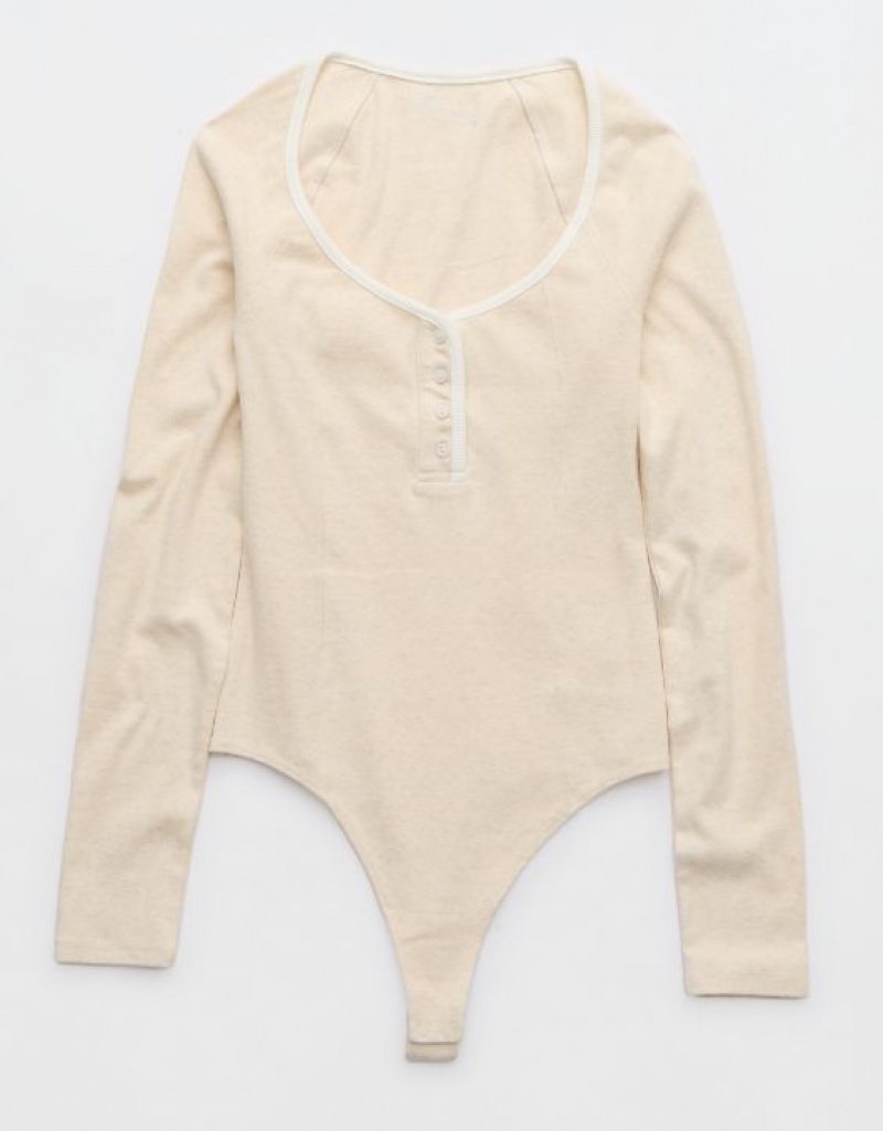 Aerie Long Sleeve Henley Bodysuit Beige | 1394WLBDS