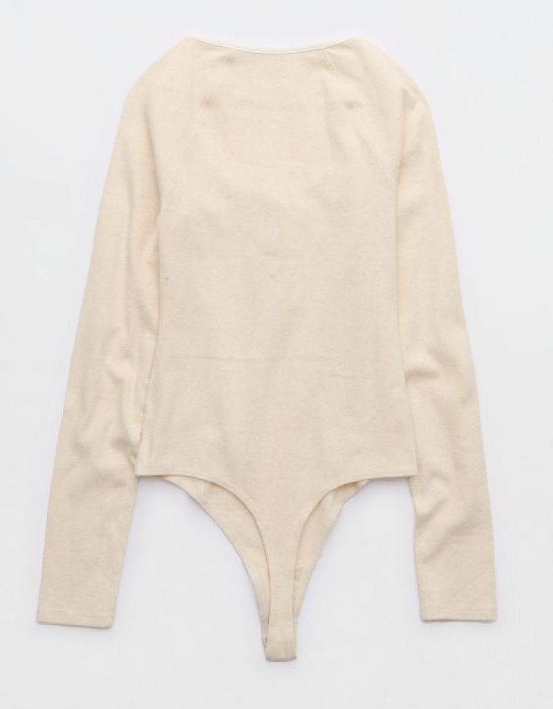 Aerie Long Sleeve Henley Bodysuit Beige | 1394WLBDS