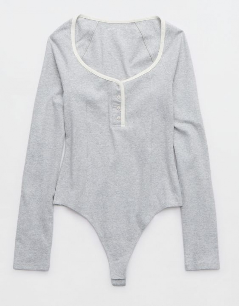 Aerie Long Sleeve Henley Bodysuit Grey | 9876UZXYW