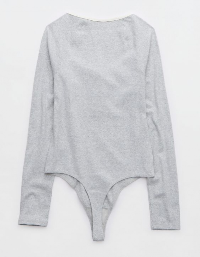 Aerie Long Sleeve Henley Bodysuit Grey | 9876UZXYW