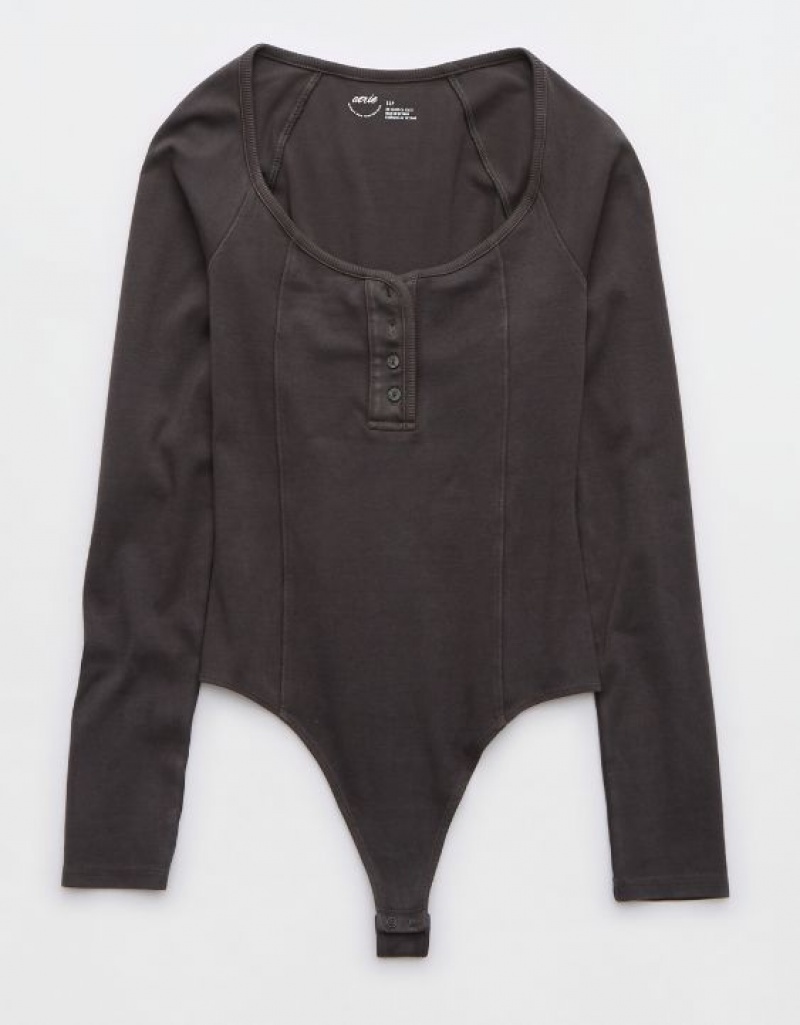 Aerie Long Sleeve Henley Bodysuit Grey | 7104SOAMG