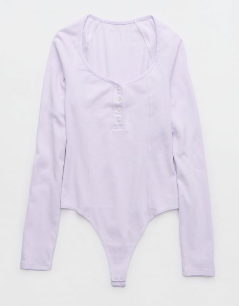 Aerie Long Sleeve Henley Bodysuit Lavender | 7805RDUOL