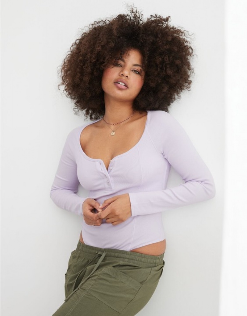 Aerie Long Sleeve Henley Bodysuit Lavender | 7805RDUOL