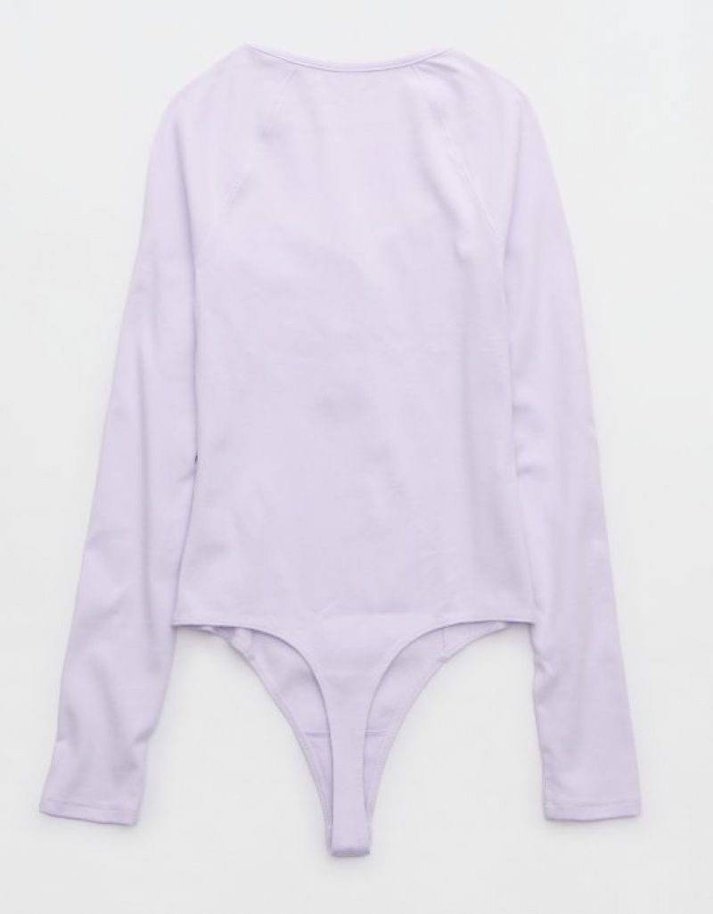 Aerie Long Sleeve Henley Bodysuit Lavender | 7805RDUOL