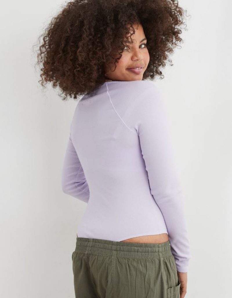 Aerie Long Sleeve Henley Bodysuit Lavender | 7805RDUOL